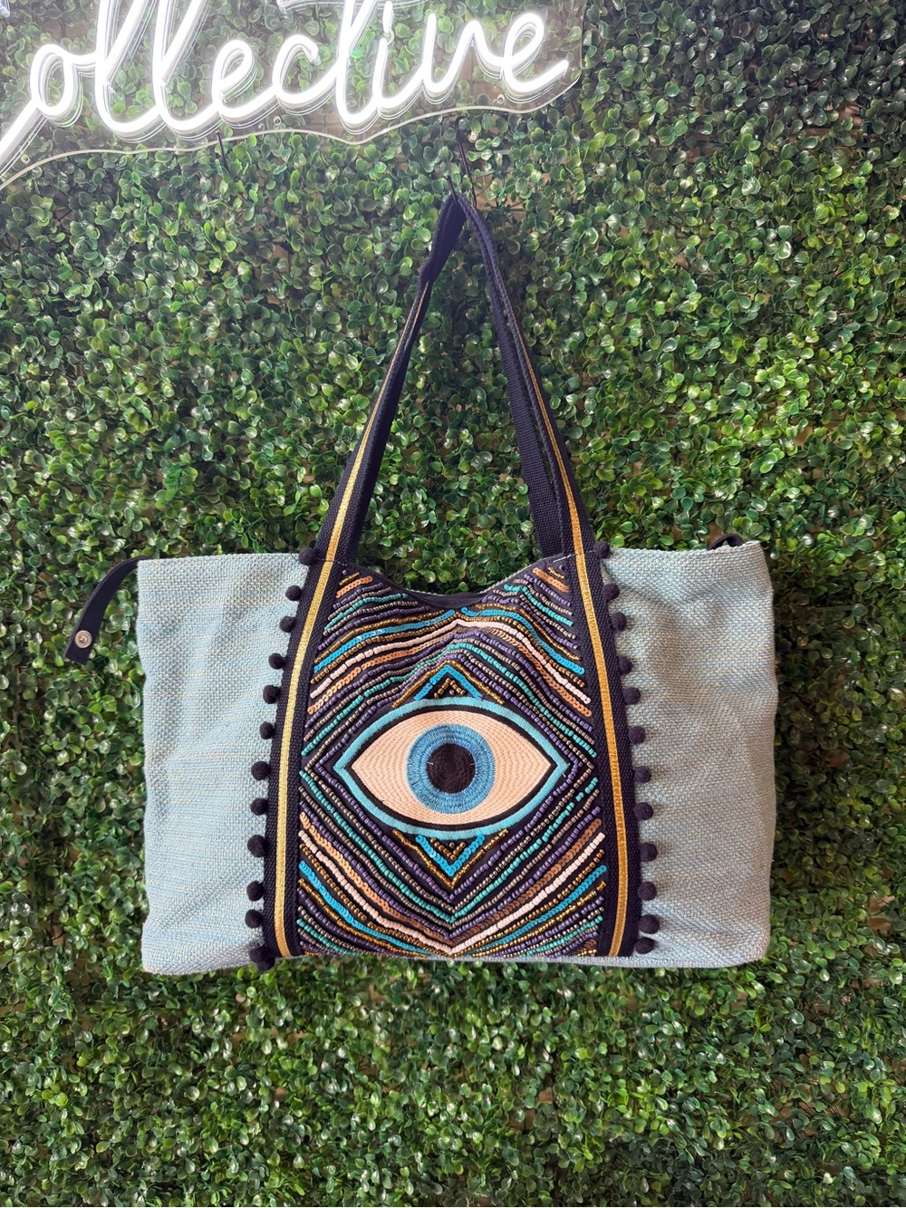 Embroidered & Beaded Evil Eye Tote Bag